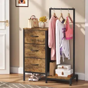 Bs033 Aflui Dresser For Bedroom With Hanging Rack 3 Drawers - Rustic