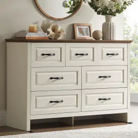 Amada Homefurnishing 840478802269 Farmhouse 7 Drawer Dresser For Bedroom 47.2 Inch Wide Wood Wit
