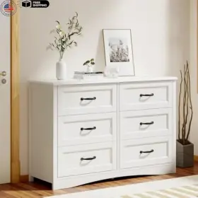 Angduo 744759477095 6 Drawer Dresser Bedroom Chest 47in White Storage Cabinet With Metal Handles