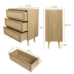 Anmytek 610625475352 3 Drawer Dresser For Bedroom Rattan Modern Wood Chest Of Drawers Wit #2