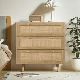 Anmytek 610625475352 3 Drawer Dresser For Bedroom Rattan Modern Wood Chest Of Drawers Wit