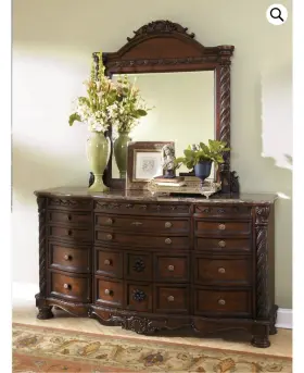 B553-131 Ashley Furniture North Shore Marble Top Dresser With Mirror Brown Wood