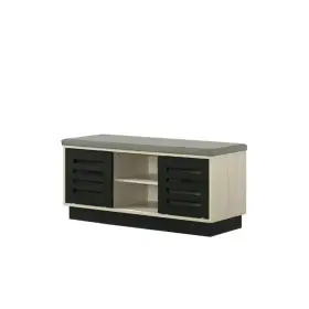 Benjara 445005435427 Moxie 17.5 Inch H X 38.5 W Oak Brown Light Gray And Black Wood Fabric Sh