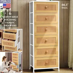 Branded Chrst-461-wr 6-drawer Dresser For Bedroom Rattan Wood Top Chest Fabric Drawer Handles