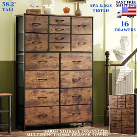 Glxhr-5819-rb Branded 16 Drawer Tall Dresser Tower For Bedroom Fabric Chest Of Drawers Wood Top Rustic