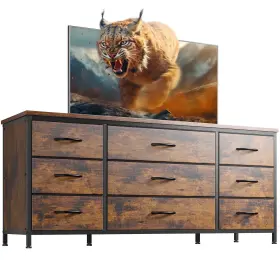 Branded01 726084911796 Dresser Tv Stand With 9 Drawers For Bedroom Rustic Fabric Wide C