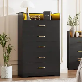 Changzhou Joshua Home Furnishing Co. Ltd. 711181681444 5 Drawer Dresser For Bedroom - 51 Inch Tall Vertical Chest Of Drawers With Led Light