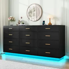 Chartustriable 691042129219 Black 12 Drawers Dresser With Power Outlet 60000-colors Lights 63in Long #2