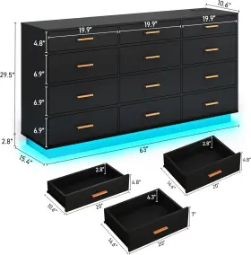 Chartustriable 691042129219 Black 12 Drawers Dresser With Power Outlet 60000-colors Lights 63in Long #3