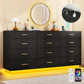 Chartustriable 691042129219 Black 12 Drawers Dresser With Power Outlet 60000-colors Lights 63in Long