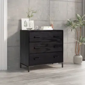 Chest Drawers Black Solid Pine Wood Engineered Metal 720287202783 Of