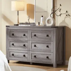 Chitooma 680358149165 Wooden Dresser 6 Oversized Drawers Dual Handle Design Gray And