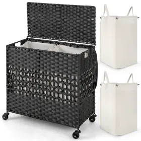Hcst00306 Costway 110l Laundry Hamper With Wheels Clothes Basket Lid And Handle 2 Liner Bags Black