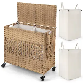 Hcst00307 Costway 110l Laundry Hamper With Wheels Clothes Basket Lid And Handle 2 Liner Bags Natural