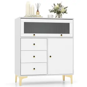 Hcst06884 Costway 37.5 Inch Tall Dresser Chest Of Drawers With Flip-up Fluted Glass Door 2 Cabinets