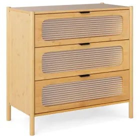 Hcst06958 Costway 3-drawer Dresser With Reeded Tempered Glass Front Bamboo Storage Cabinet