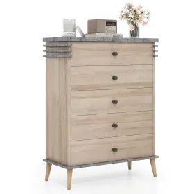 Hcst07764 Costway 5-drawer Dresser Farmhouse Chest Of Drawers With Rubber Wood Legs Anti-tipping Kit