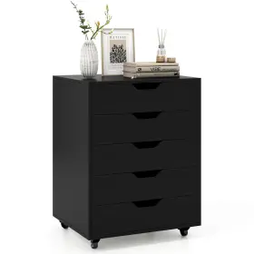 Hw65978bk Costway 5 Drawer Chest Storage Dresser Black Floor Cabinet Organizer With Wheels