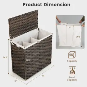 J085bna18136 Costway 110l 3-section Laundry Hamper With Lid&handle Pe Rattan Clothes Liner Bag #2