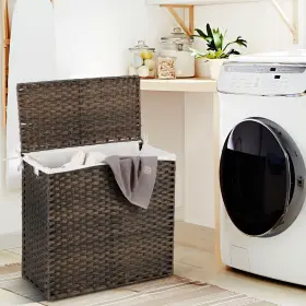 J085bna18136 Costway 110l 3-section Laundry Hamper With Lid&handle Pe Rattan Clothes Liner Bag #3