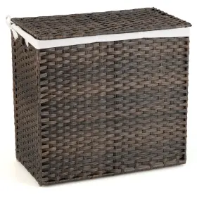 J085bna18136 Costway 110l 3-section Laundry Hamper With Lid&handle Pe Rattan Clothes Liner Bag
