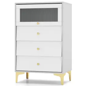 Us-2hcst06022 Costway 3 Drawer Dresser 37.5 Inch Tall Chest Of Drawers With Flip-up Fluted Glass