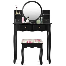 Do-hw66130bk-ca Dortala Vanity Table Set With Round Mirror Makeup Desk Cushioned Stool 4 Drawe