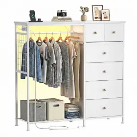 Fc-cgk6cyj Dumos Bedroom 6-drawer Fabric Dresser With Charging Station&hanging Rack&led Lights