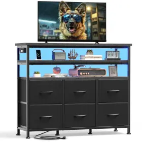 Edx 720314566312 6-drawer Fabric Dresser With Power Outlets And Led Light Tv Stand For