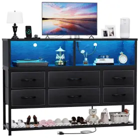 Ah0052-bk Eiskah Black Dresser For Bedroom 6 Drawers Led Tv Stand With Power Outlets