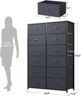 Enhomee 800689624562 12 Drawer Dresser Tall Dressers For Bedroom With Wooden Top Black Grey #2