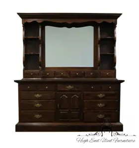 12-5030 Ethan Allen Antiqued Pine Old Tavern 72 Inch Triple Door Dresser W. Mirror Hutch
