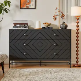Mdf-b6wd Feetice 6 Drawer Dresser Black Dressers And Chests Of Drawers With Mushroom-shaped Han