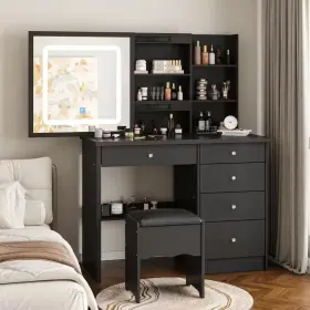 Fufu&gaga 313102864853 5-drawers Black Wood Led Push-pull Mirror Dresser With Stool And 3-tier Storage