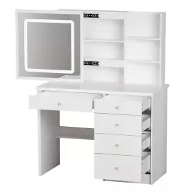 Fufu&gaga 313103867853 Wood Led Push-pull Mirror Dresser With 5-drawers Stool And 3-tier Storage Shelv