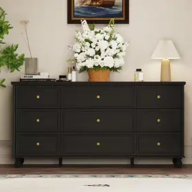 Fufu&gaga 445026232272 Black Wooden 9-drawer Chest Of Drawers 63 Inch W X 31.5 H 15.7 D Dresse