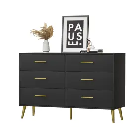 Furniway 774049156508 Black Dresser For Bedroom 6 Drawer With Wide And Metal Handle