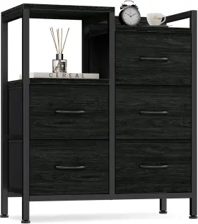 Furnulem 445019774772 5 Drawer Black Dressers For Bedroom 2 Tier Shelf Storage Small Fabric D