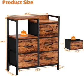 Furnulem 726084869349 5 Drawer Rustic Dressers For Bedroom 2 Tier Shelf Storage Small Fabric Dresser F #3
