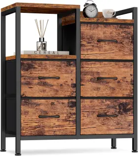 Furnulem 726084869349 5 Drawer Rustic Dressers For Bedroom 2 Tier Shelf Storage Small Fabric Dresser F