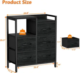 Furnulem 726084887480 5 Drawer Black Dressers For Bedroom 2 Tier Shelf Storage Small Fabric D #3