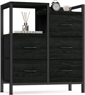 Furnulem 726084887480 5 Drawer Black Dressers For Bedroom 2 Tier Shelf Storage Small Fabric D