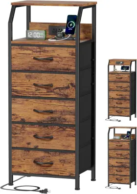 Furnulem 744110908657 5 Drawers Dresser With Charging Station Tall Night Stand Storage Shelf Fa