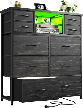 Govna-inc 744759946416 Dresser For Bedroom With 10 Drawers Featuring Led Light And Power Outlet Fabric