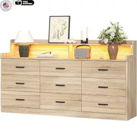 Guangbai 445032197114 9 Drawer Dresser With Power Outlet Mid Century Modern Chest 63in Triple Wide