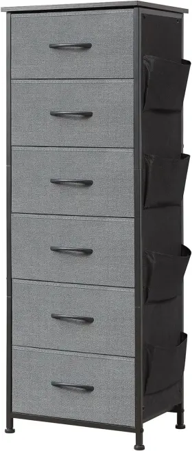 Home Furnishings Limited 313105410491 Tall Dresser For Bedroom With Side Pockets 6 Drawer Storage Organizer Chest Of