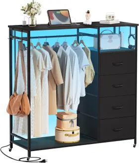 Cr101 Home Furnishings Limited Black Dresser For Bedroom With Hanging Rack Led Lights And Charging Station 4 D