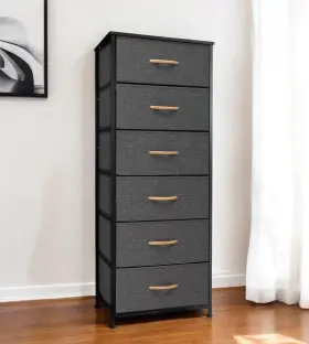 484697 Homeroots 18 Inch Gray And Black Steel Fabric Six Drawer Dresser