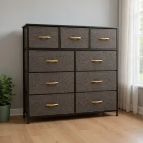 484699 Homeroots 39 Inch Brown Steel And Fabric Nine Drawer Triple Dresser
