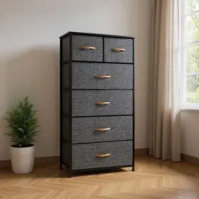 484711 Homeroots 23 Inch Gray And Black Steel Fabric Six Drawer Chest